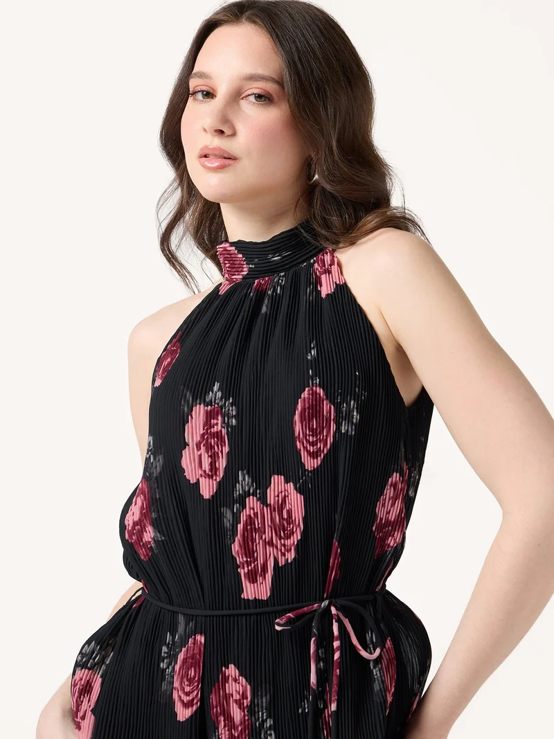 Outzidr  Black Halter Neck Floral Printed Dress for Women | Best Price UAE
